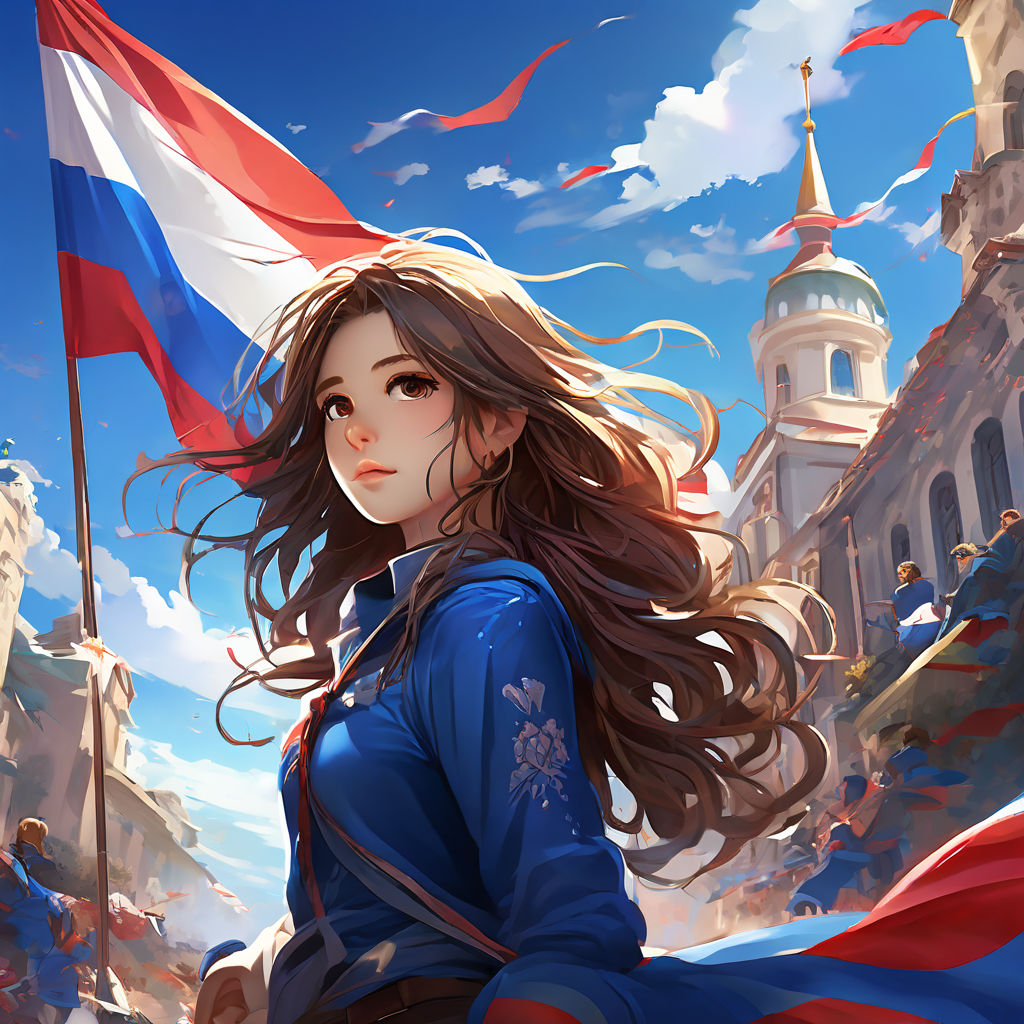 Anime style representation of a cute girl holding a Russian flag