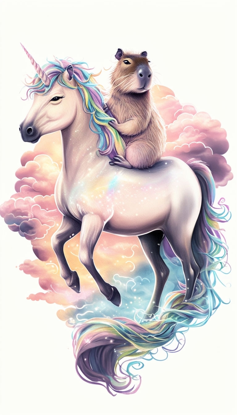 Whimsical Capybara Riding Rainbow Unicorn Art Poster