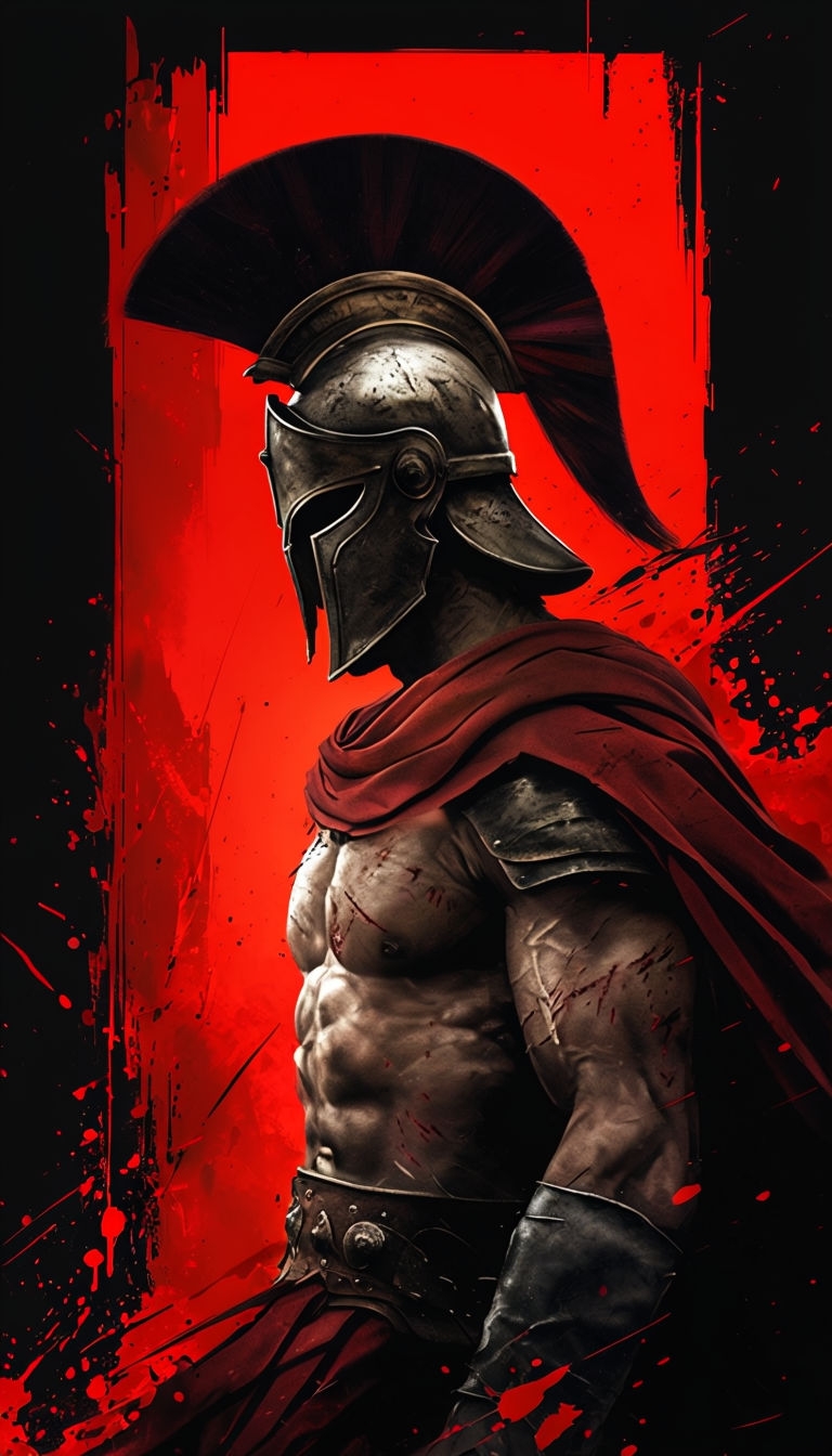 Dramatic Spartan Warrior Illustration with Red Background Mobile Wallpaper
