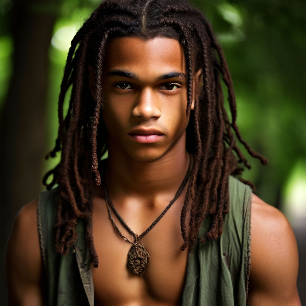 Upper body shot of a the back of an attractive and athletic 22 year old  African male model with dreadlocks wearing black t-shirt standing in a  photography studio