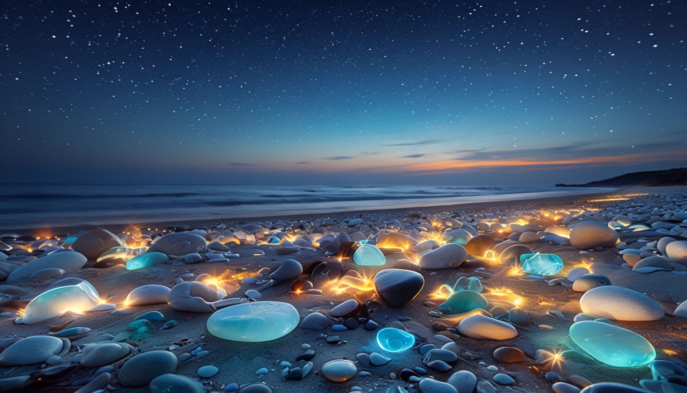 Serene Twilight Beach Scene with Glowing Stones Virtual Backgrounds