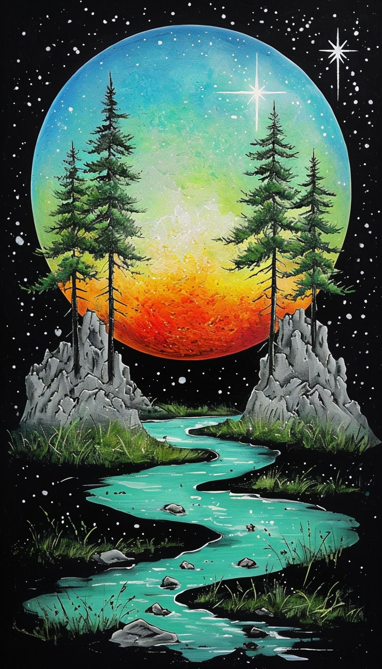 Surreal Gradient Moon Landscape with Stars T-Shirt