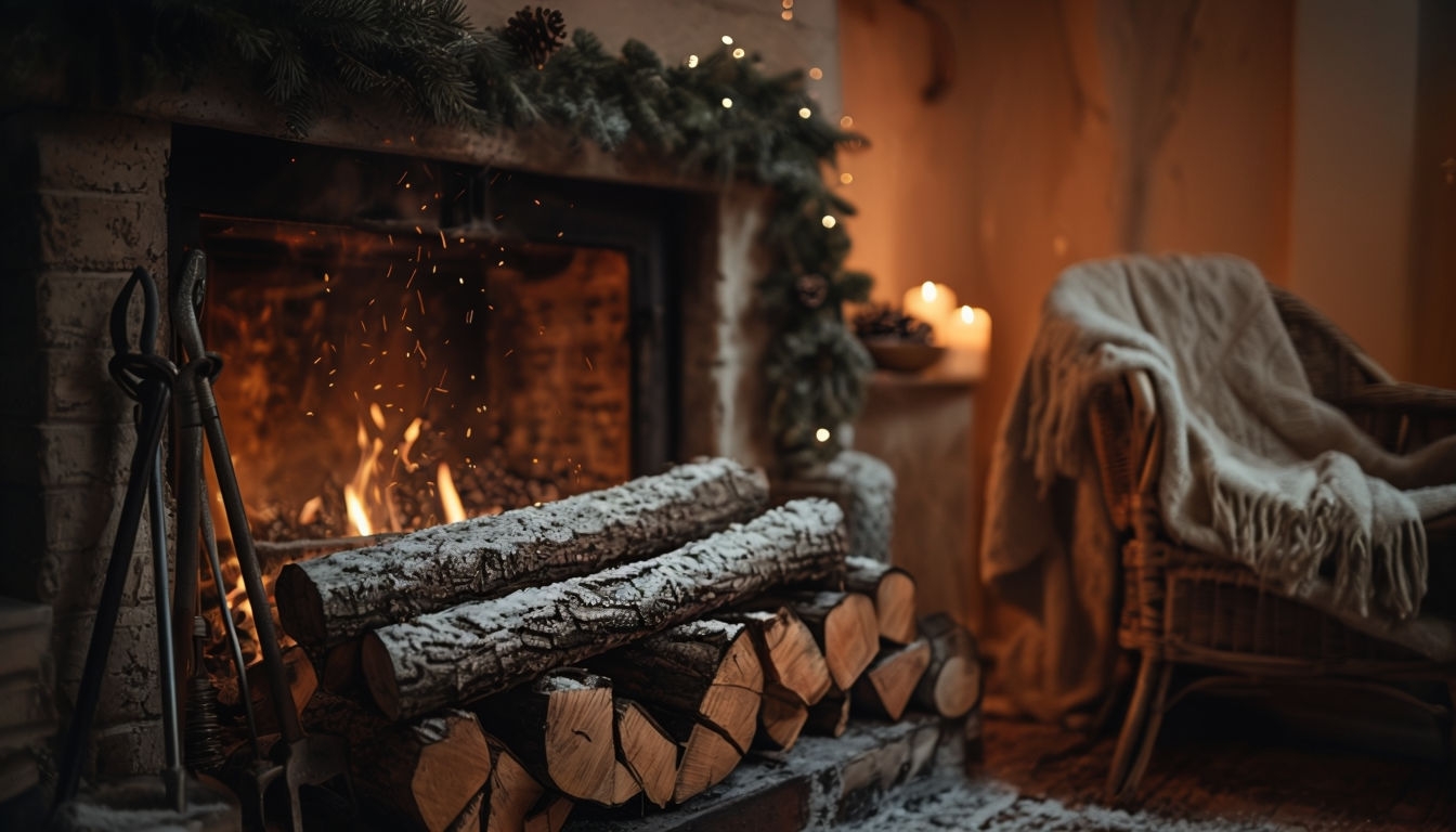 Cozy Rustic Fireplace Winter Scene with Warm Glow Background