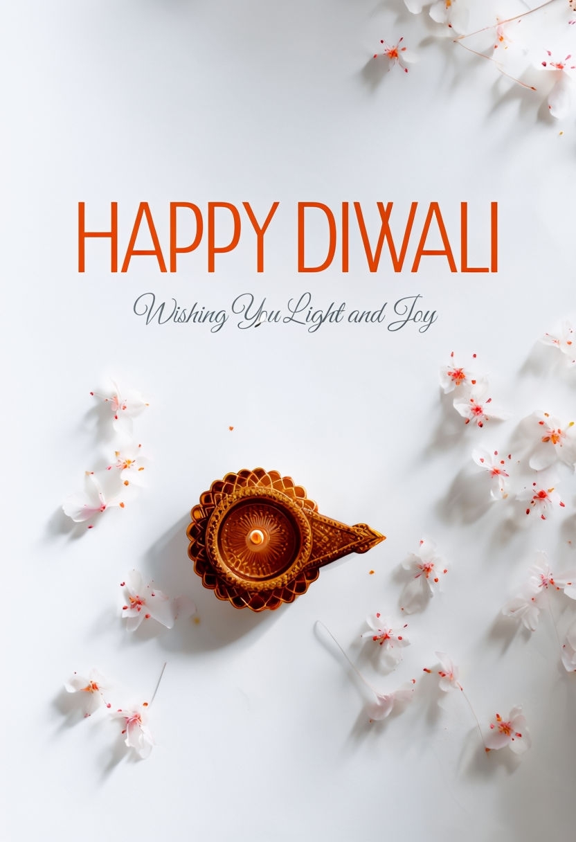 Elegant Diwali Diya with Cherry Blossoms and Modern Typography Poster