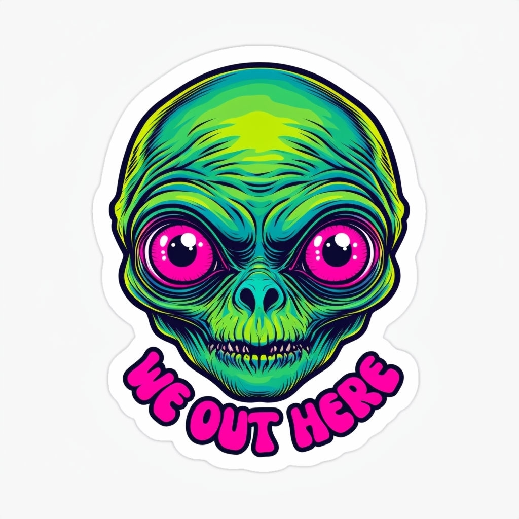 Vibrant Alien Face with WE OUT HERE Text Sticker