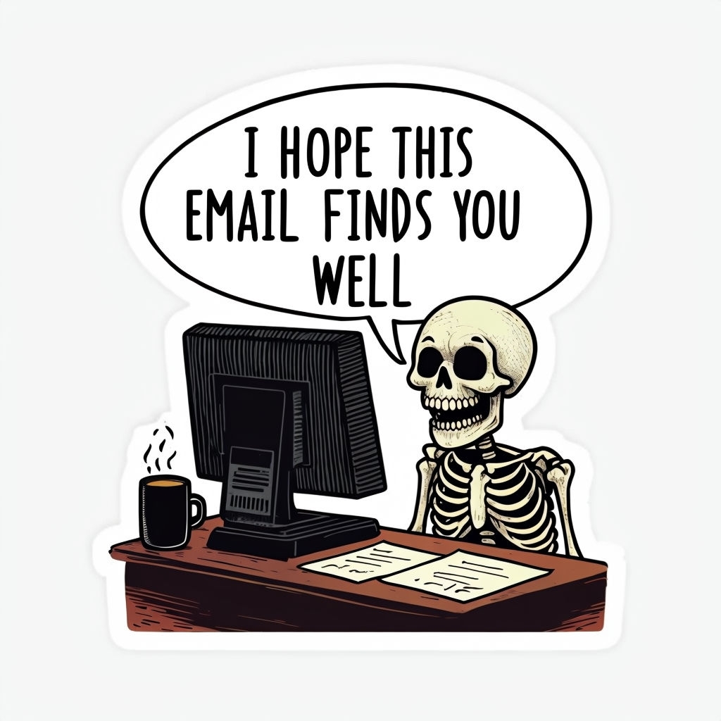 Laughing Skeleton on Computer with Fun Email Quote Sticker