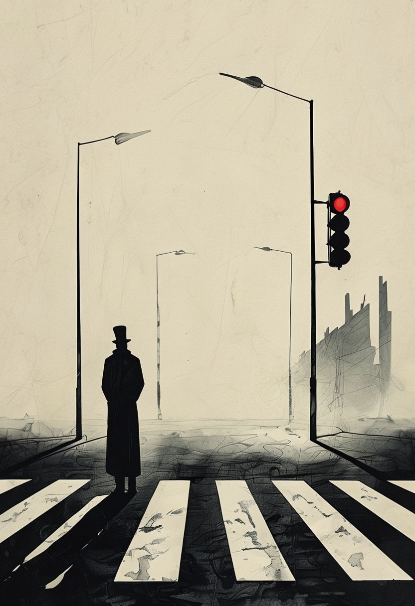 Solitary Figure at Crosswalk Minimalist Art Illustration Poster