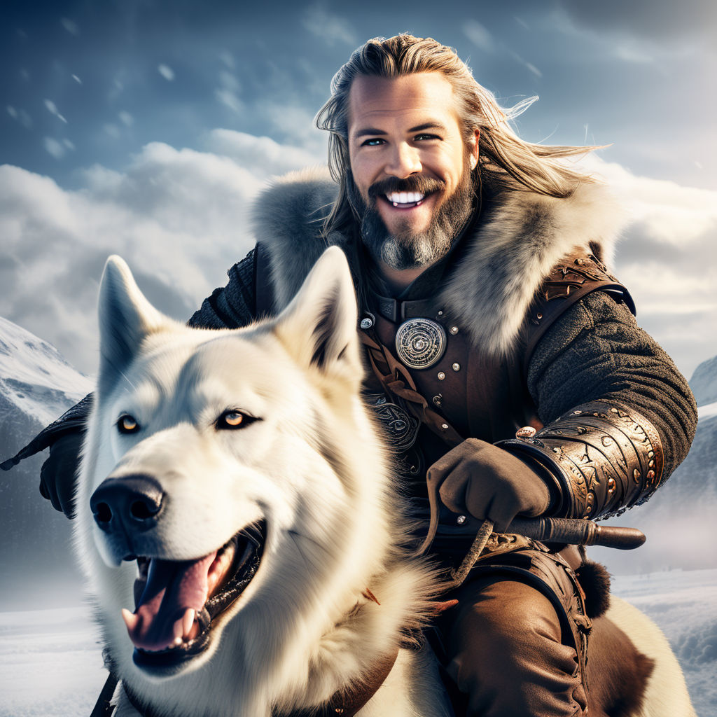 A man with viking looks riding a wow dog with a smile of pro... by ...