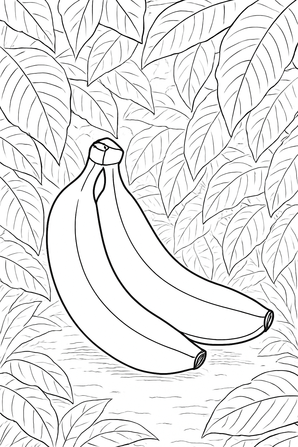 Black and White Banana and Leaf Illustration Coloring Book Page