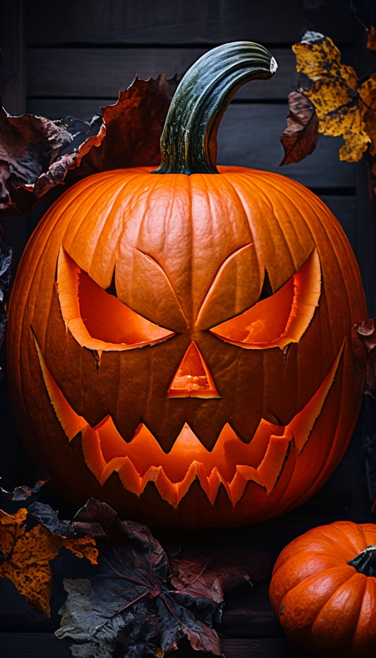 Eerie Orange Jack-o'-Lantern with Autumn Leaves Poster