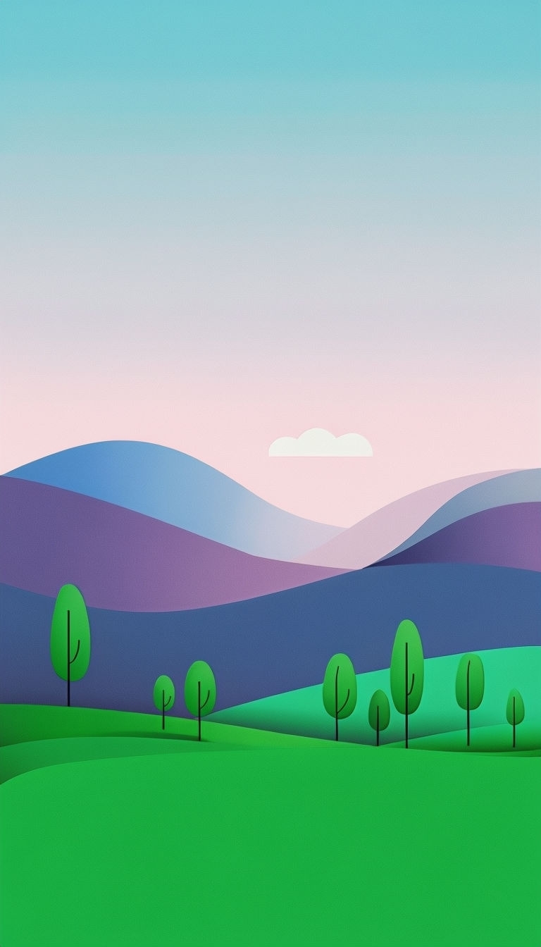 Minimalist Rolling Hills and Trees Landscape Illustration Mobile Wallpaper