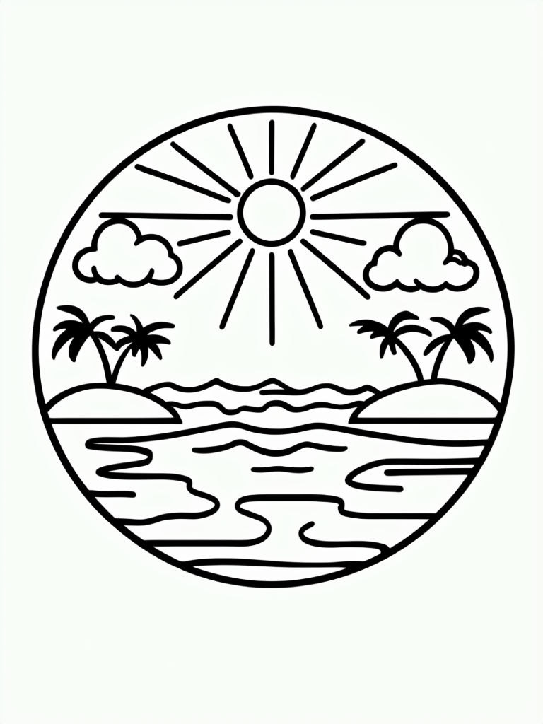Serene Tropical Scene Line Drawing in Circular Frame Coloring Book Pages
