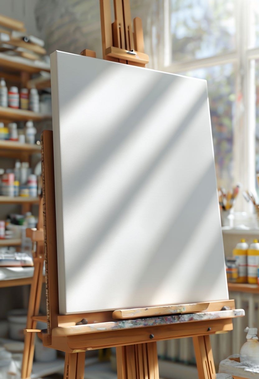 Blank Canvas on Wooden Easel in Bright Artist Studio Mockup