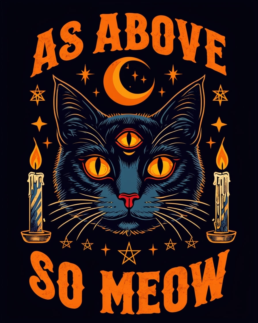 Mystical Black Cat with Three Eyes and Crescent Moon Poster