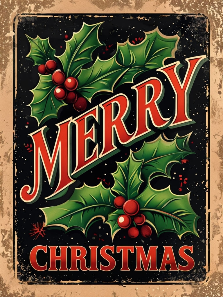 Vintage Merry Christmas Poster with Festive Holly and Berries