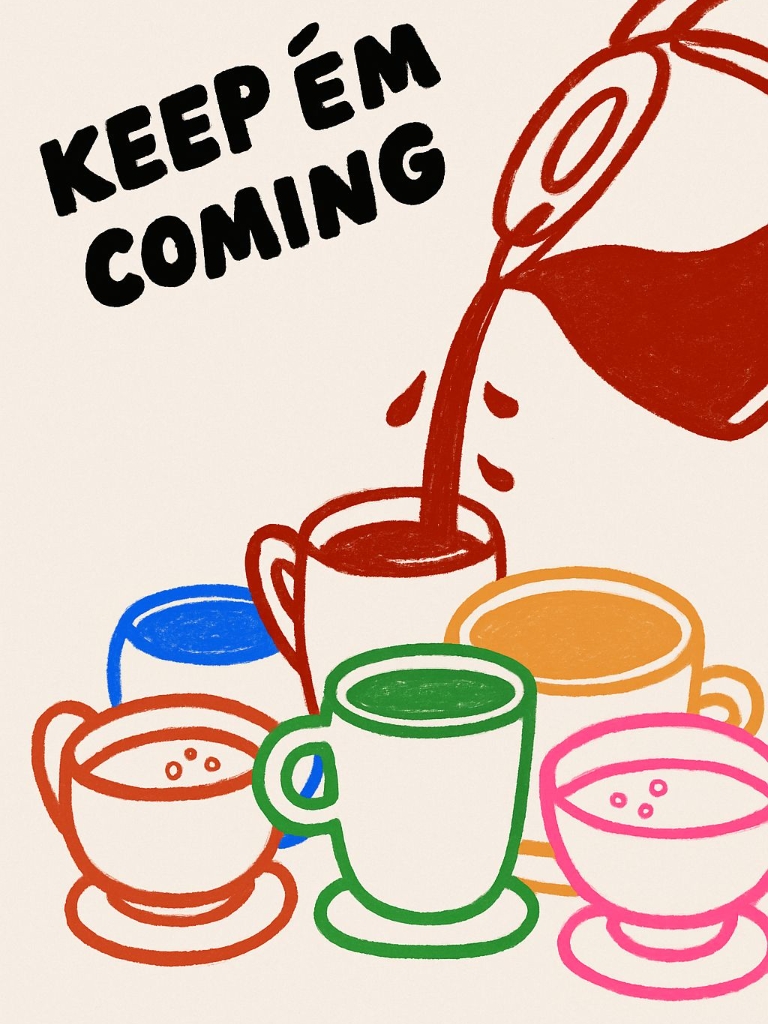 Colorful Mugs and Pitcher Keep 'Em Coming Cartoon Poster
