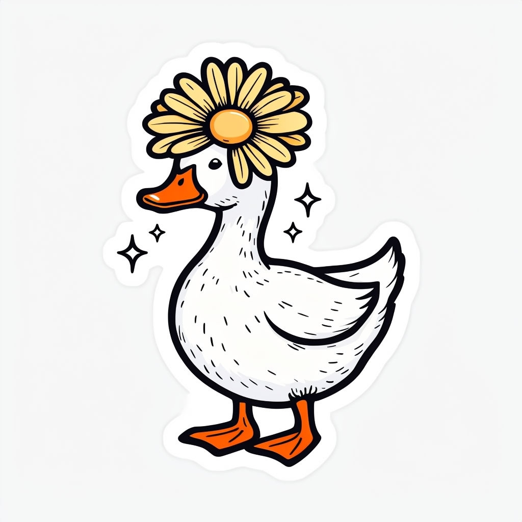 Whimsical Cartoon White Duck with Daisy Flower Sticker