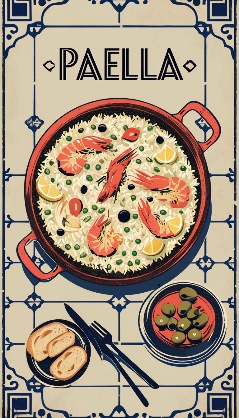 Vintage Paella Illustration with Spanish Tile Background Art