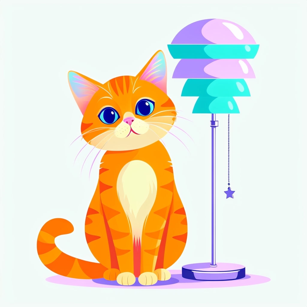 Playful Orange Tabby Cat with Colorful Geometric Lamp Sticker