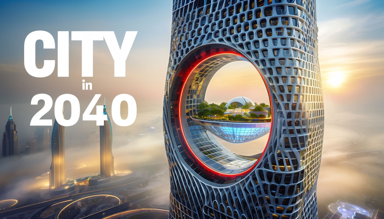Futuristic Dubai 2040 Aerial View with Iconic Skyscraper Social Media Post