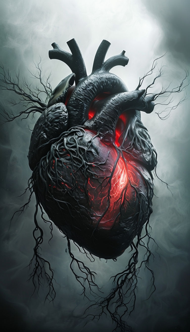 Surreal Dark Heart with Vines and Glowing Core Mobile Wallpaper