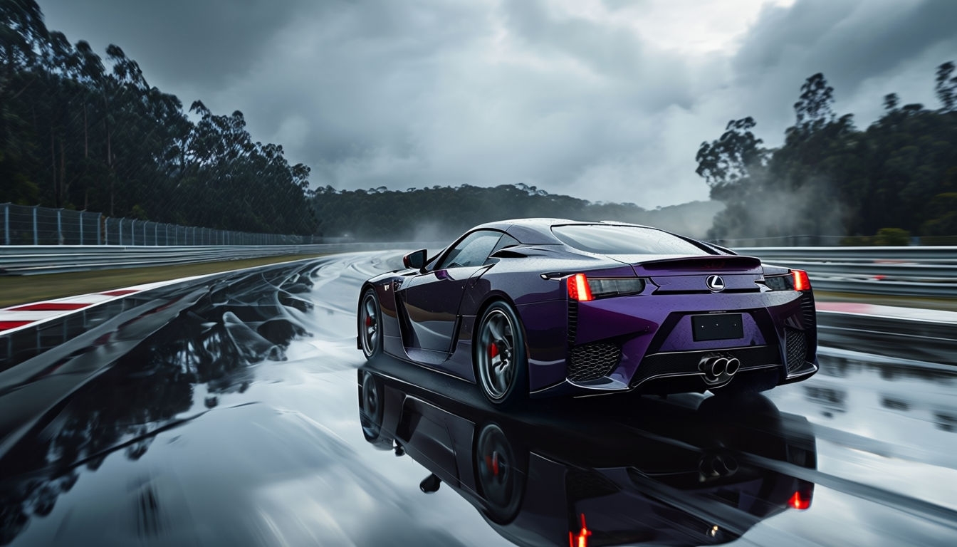 Sleek Dark Purple Lexus LFA Sports Car on Wet Race Track Background