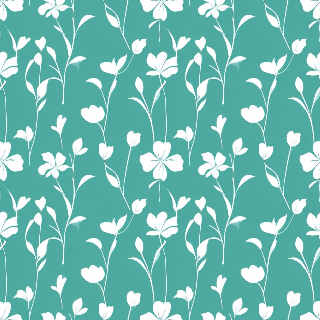 Minimalist White Flowers and Green Foliage on Teal Pattern Design Seamless Pattern