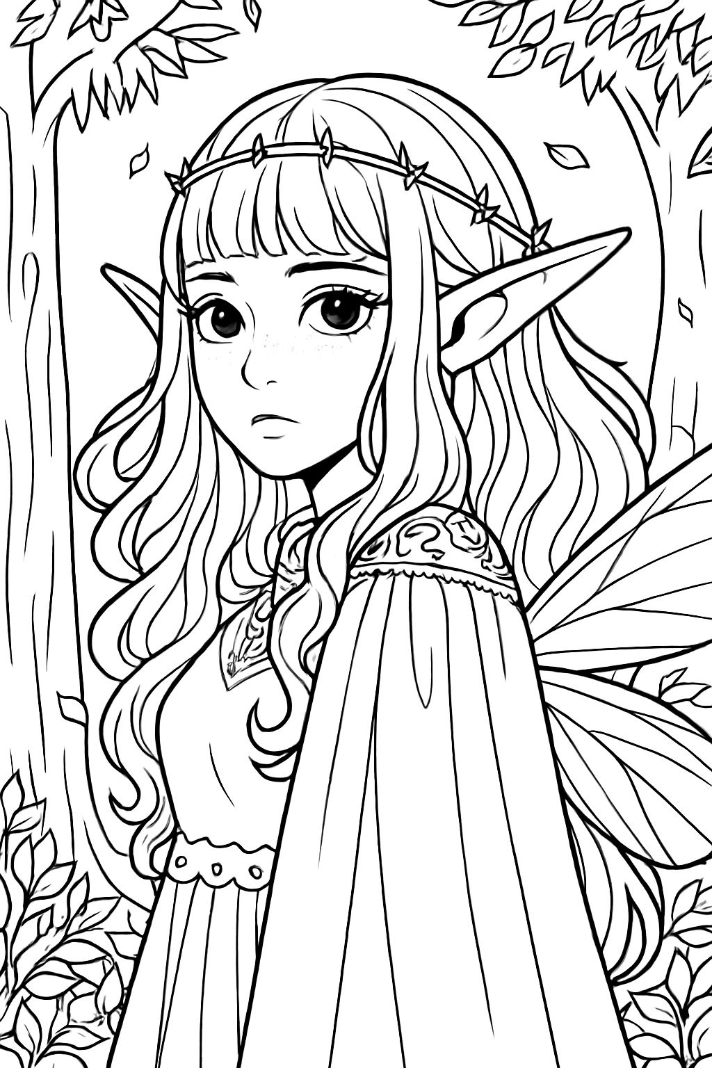 Anime Elf Character in Forest Scene Line Drawing Coloring Book Page
