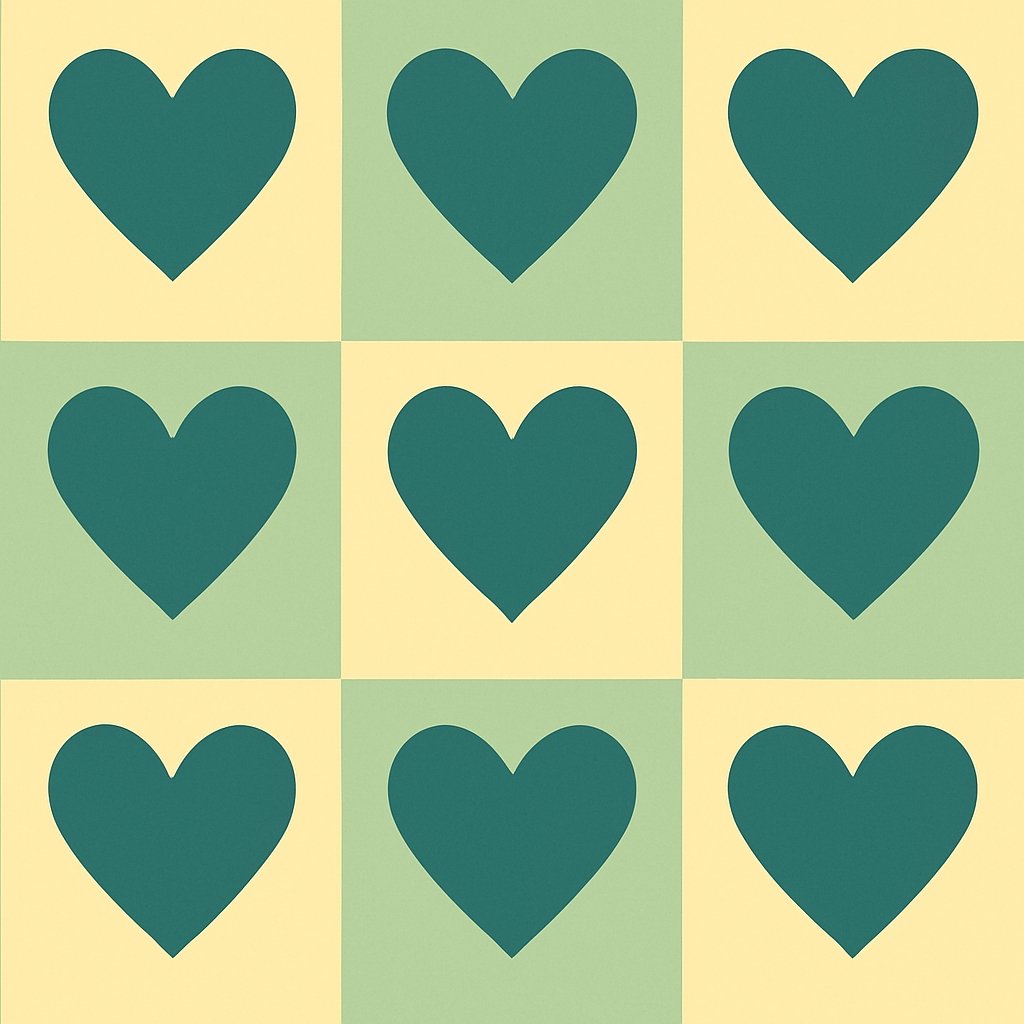 Minimalist Dark Teal Hearts Grid Pattern on Cream and Green Background Seamless Pattern