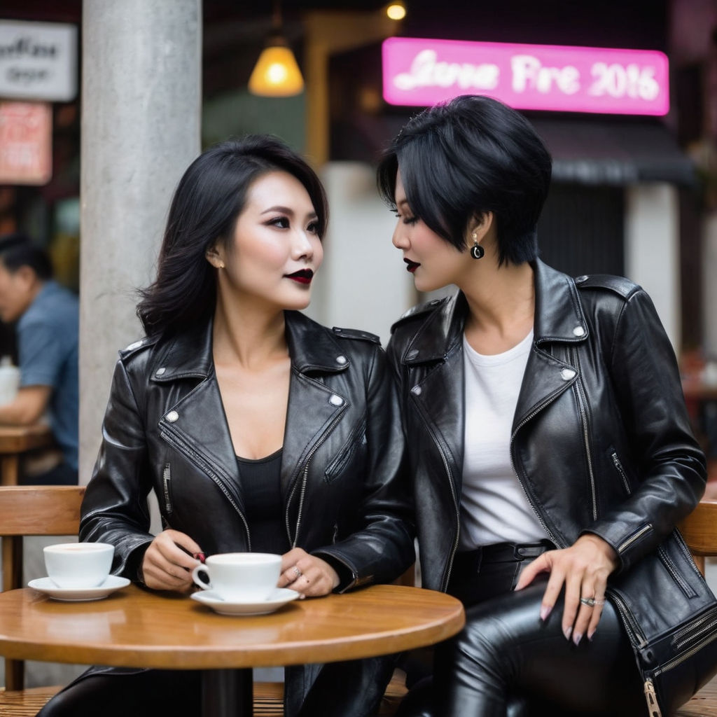 Two Middle aged women lesbian in a leather jacket