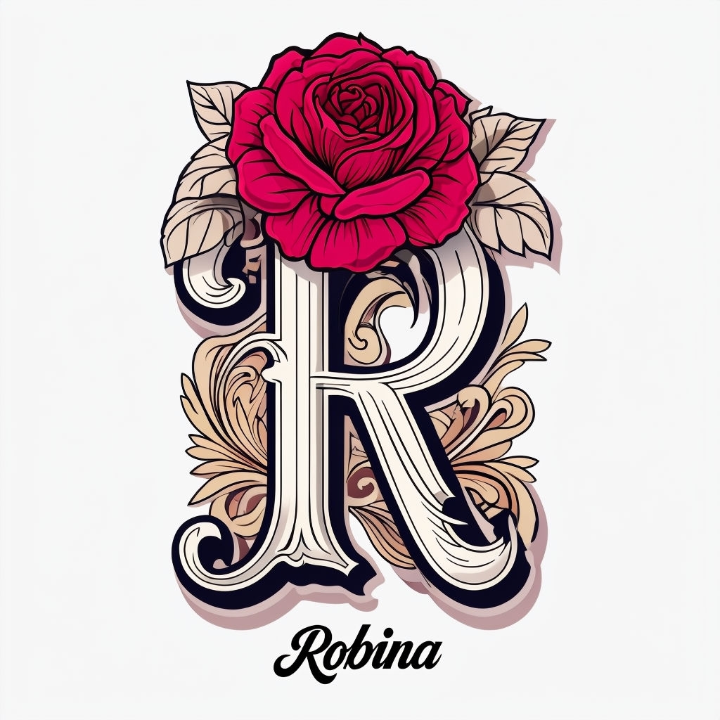 Stylized Ivory 'R' with Crimson Rose Floral Design Monogram