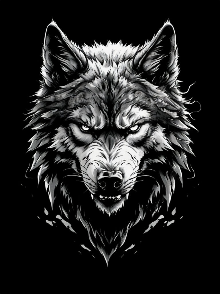 Intense Monochromatic Wolf Head Illustration T-shirt