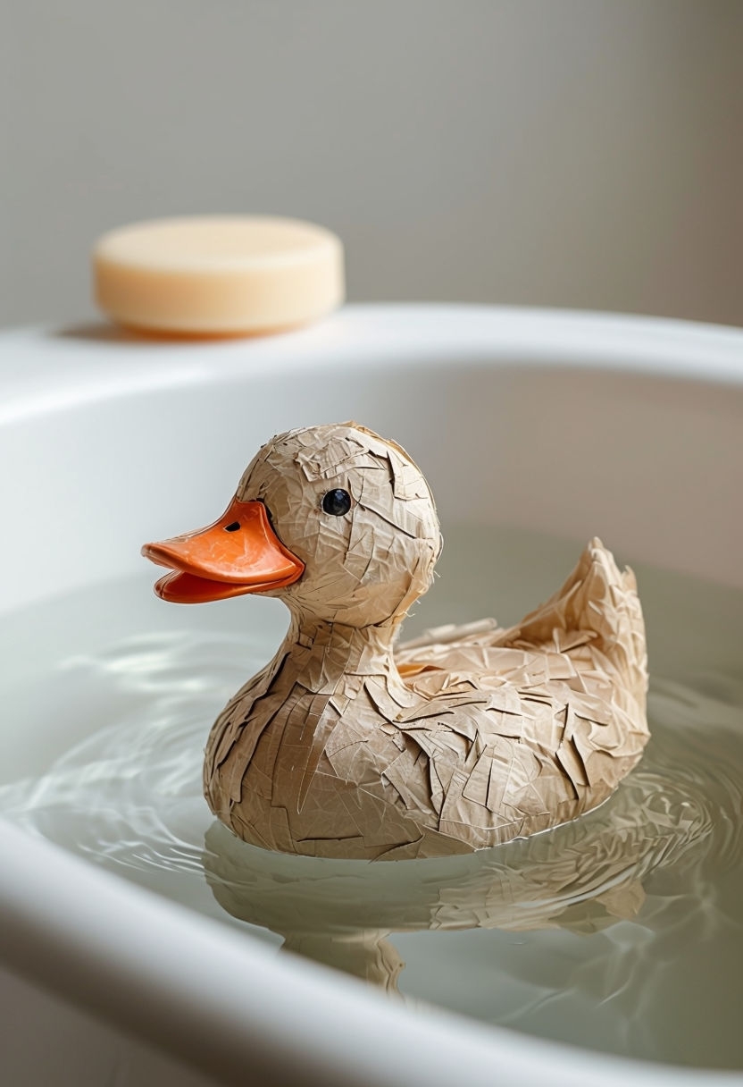 Serene Paper Mache Duck in Bathtub Still Life Art