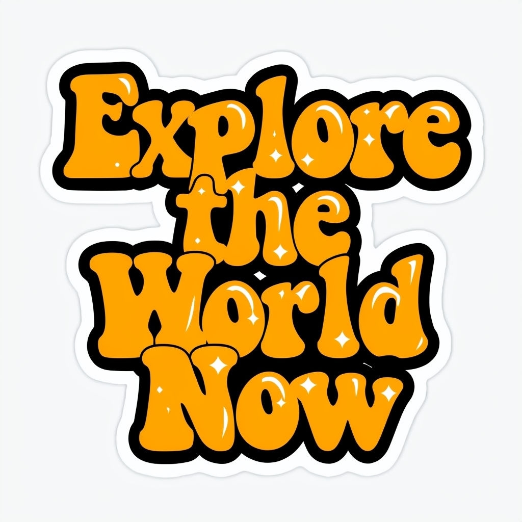 Vibrant Cartoon Explore the World Now Text Sticker