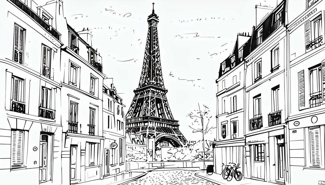 Classic Parisian Street Scene with Eiffel Tower Line Drawing Background