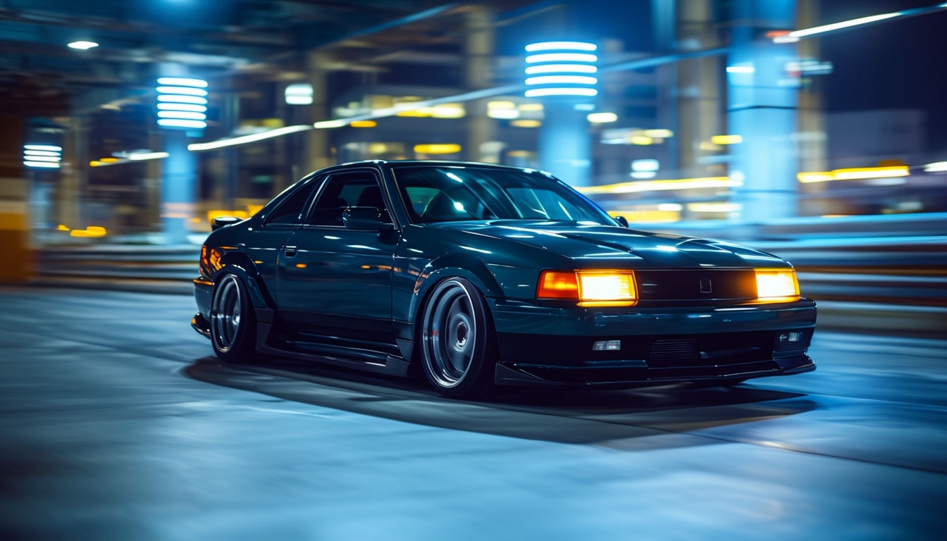 Sleek Dark Teal Sedan in Motion Indoor Parking Background Virtual Backgrounds