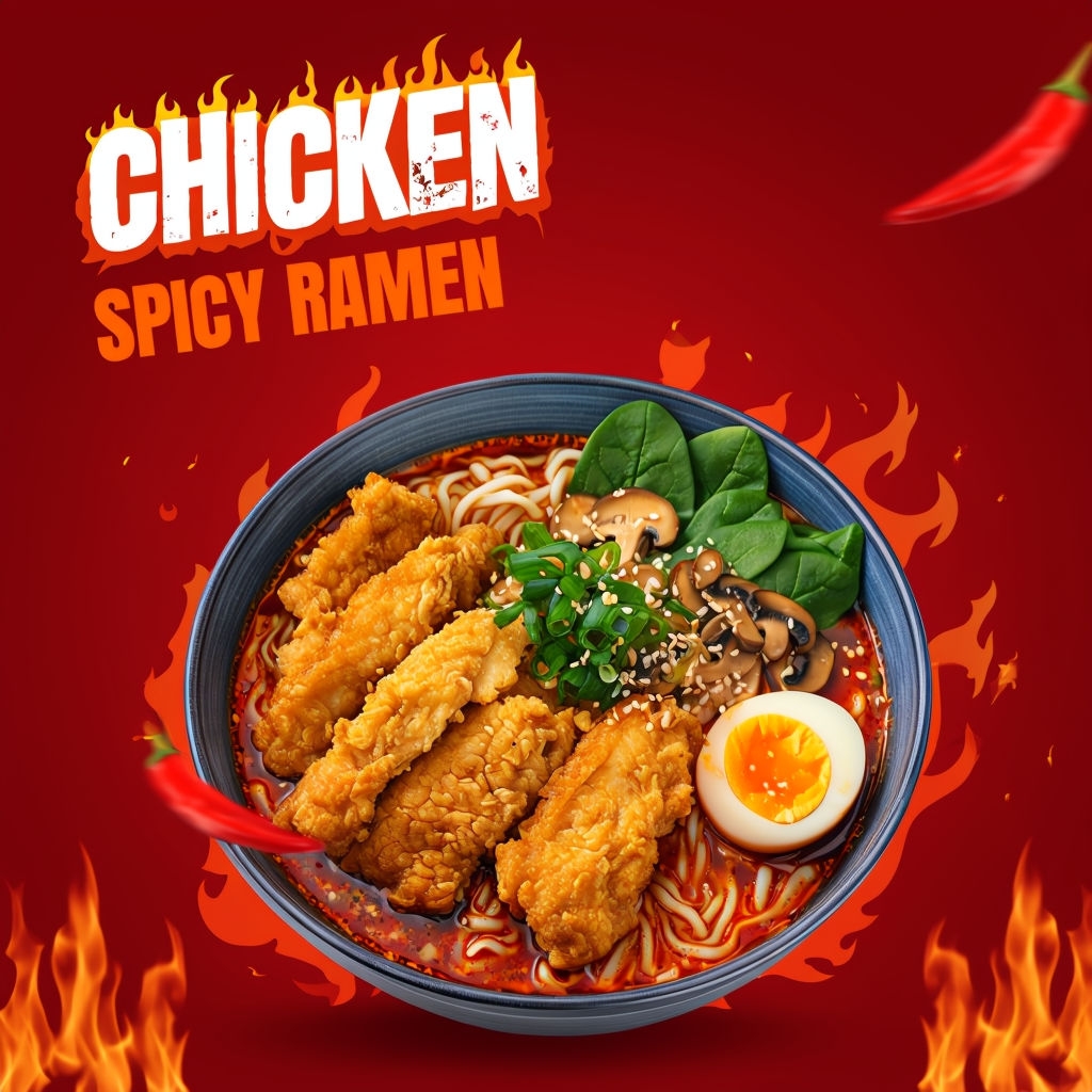 Vibrant Chicken Spicy Ramen Promotional Ad Design Social Media Post