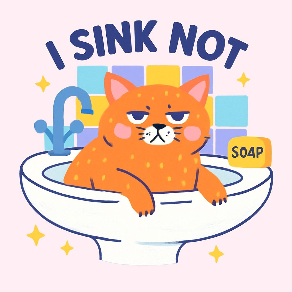 Playful Orange Cat in Sink with 'I Sink Not' Text T-Shirt
