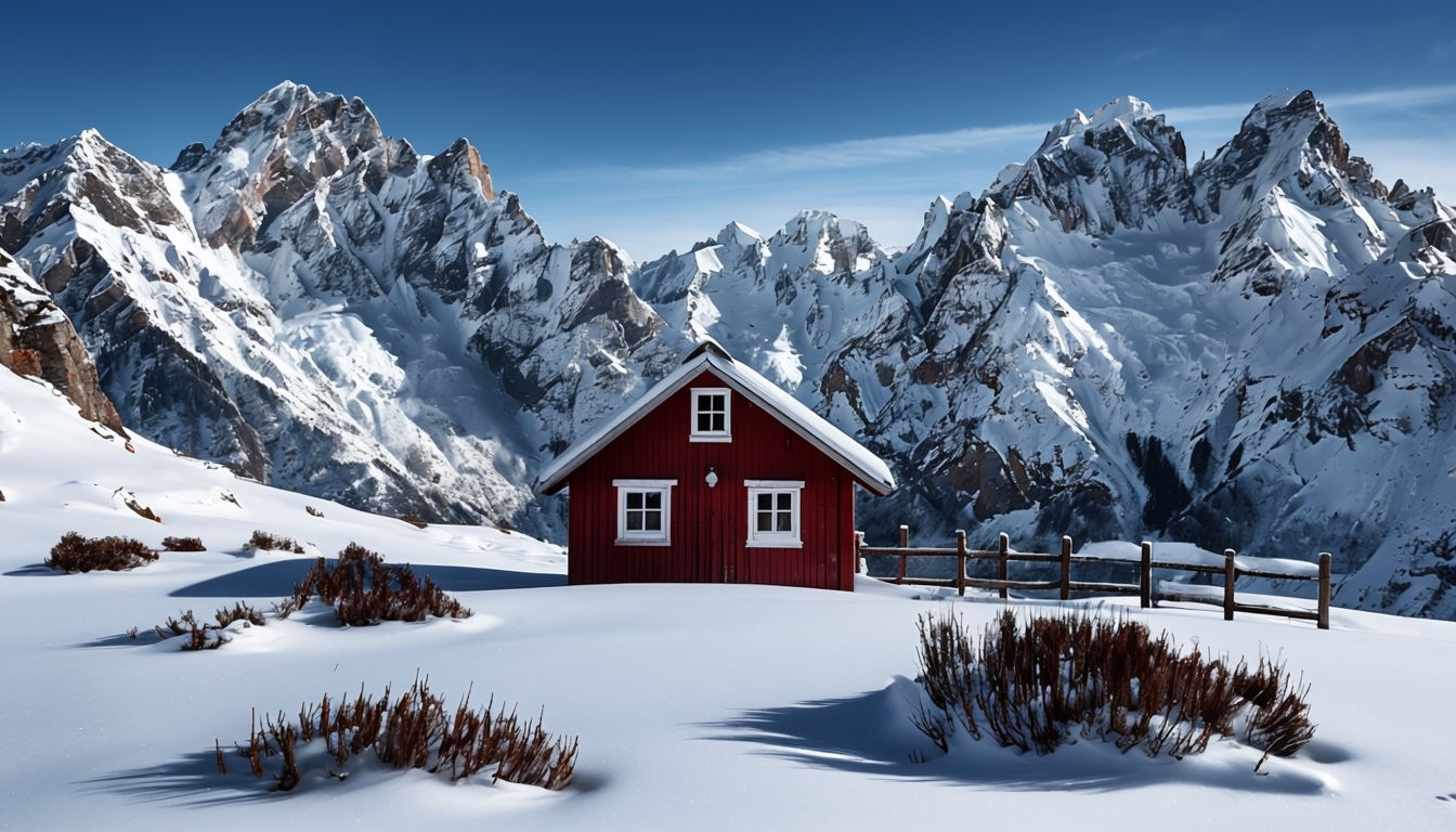 Serene Winter Landscape with Red Cabin and Snowy Mountains Virtual Background