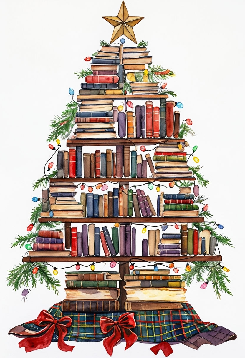 Colorful Antique Book Christmas Tree Watercolor Art