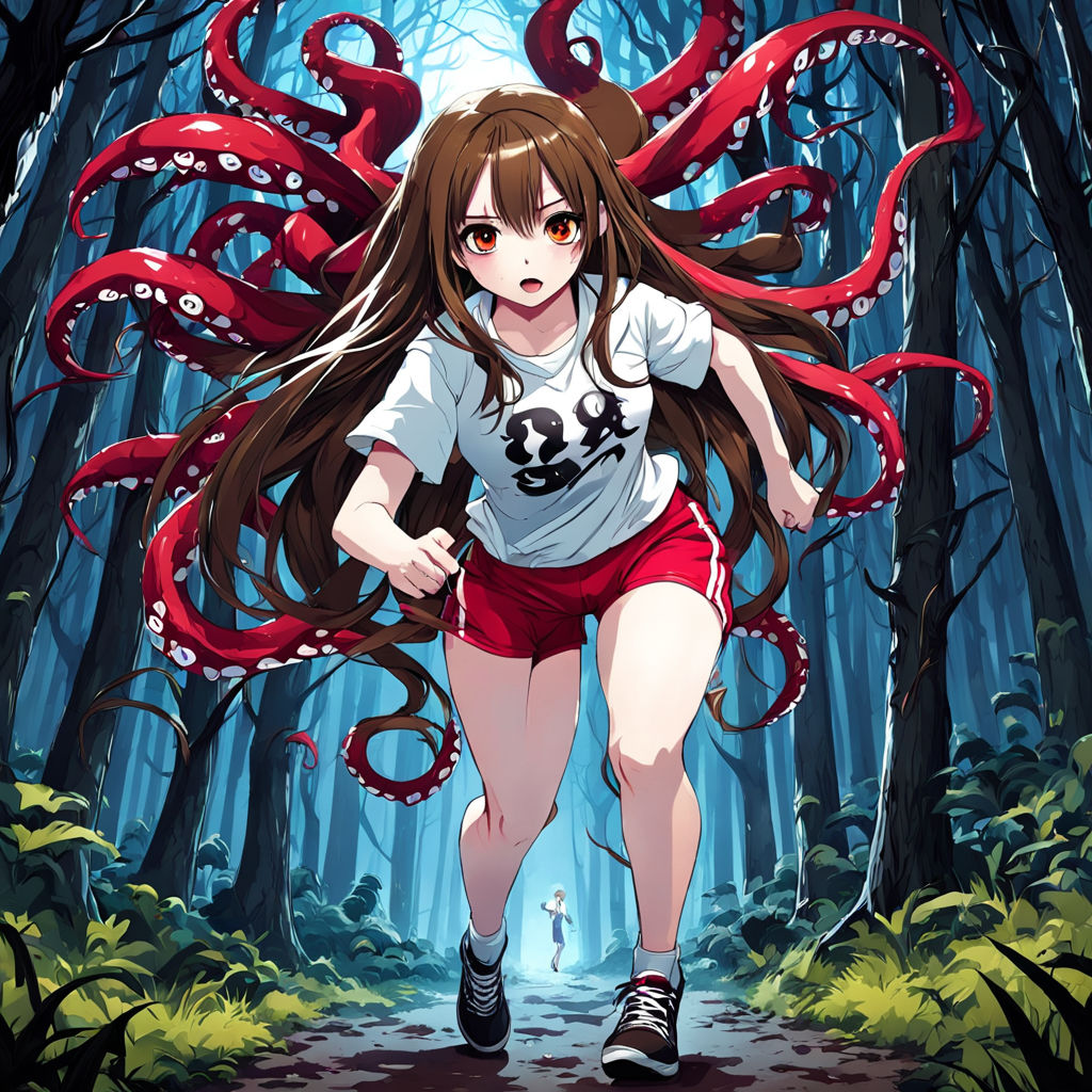 cute anime girl add tentacles in mouth