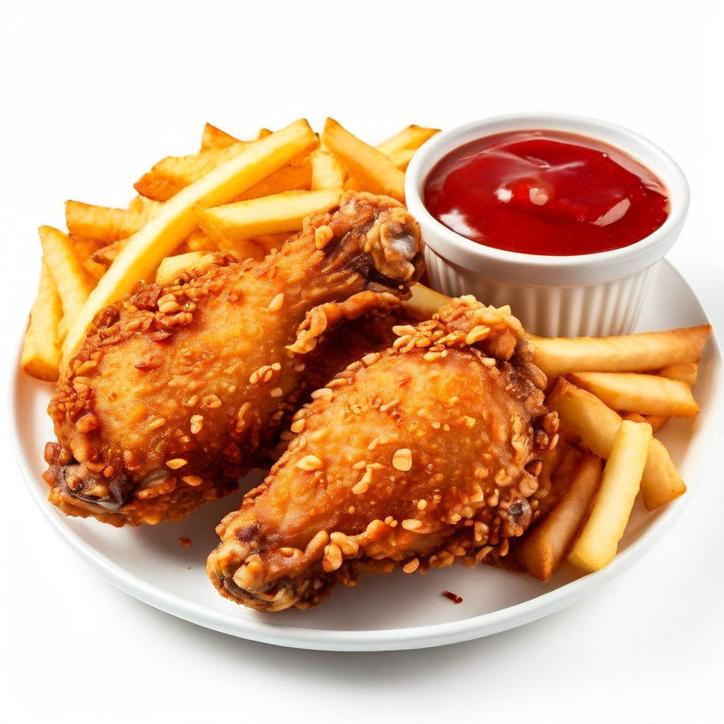 Crispy fried chicken legs with French fries and ketchup isol... by I am ...