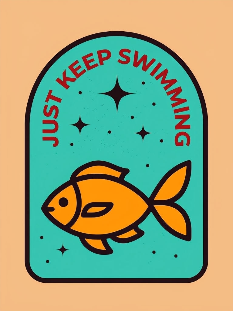 Stylized Just Keep Swimming Fish Badge Design Poster