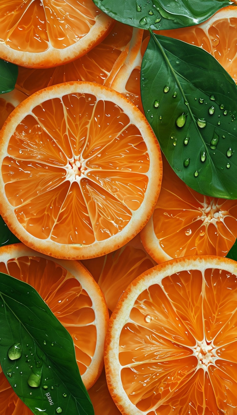 Vibrant Orange Slices with Fresh Green Leaves Mobile Wallpaper