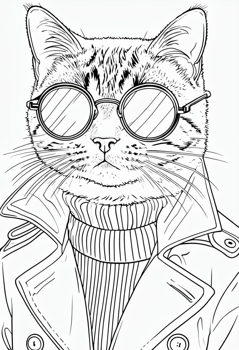 Stylish Tabby Cat Portrait with Sunglasses Coloring Page