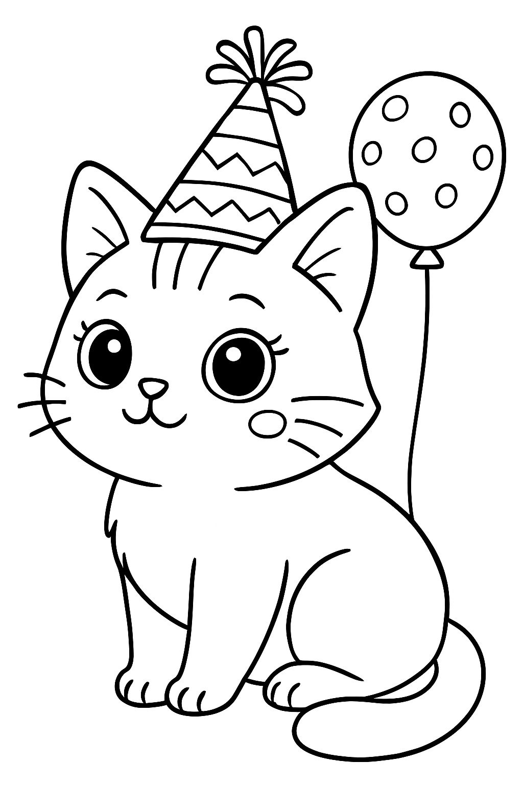 Adorable Cartoon Cat with Party Hat and Balloon Coloring Page