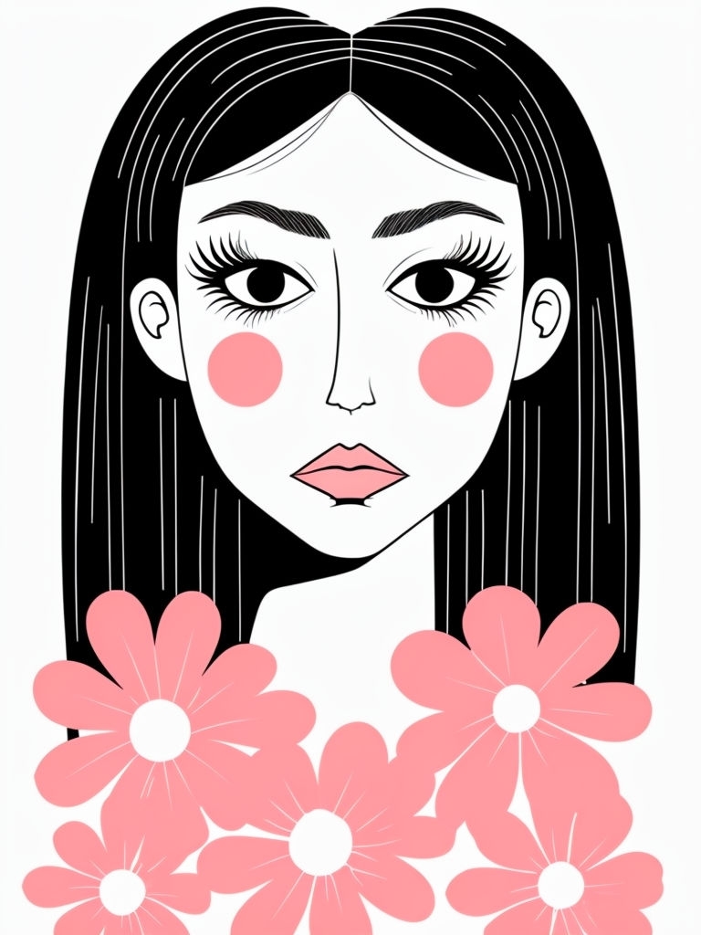 Stylized Minimalist Woman Portrait with Flowers Poster