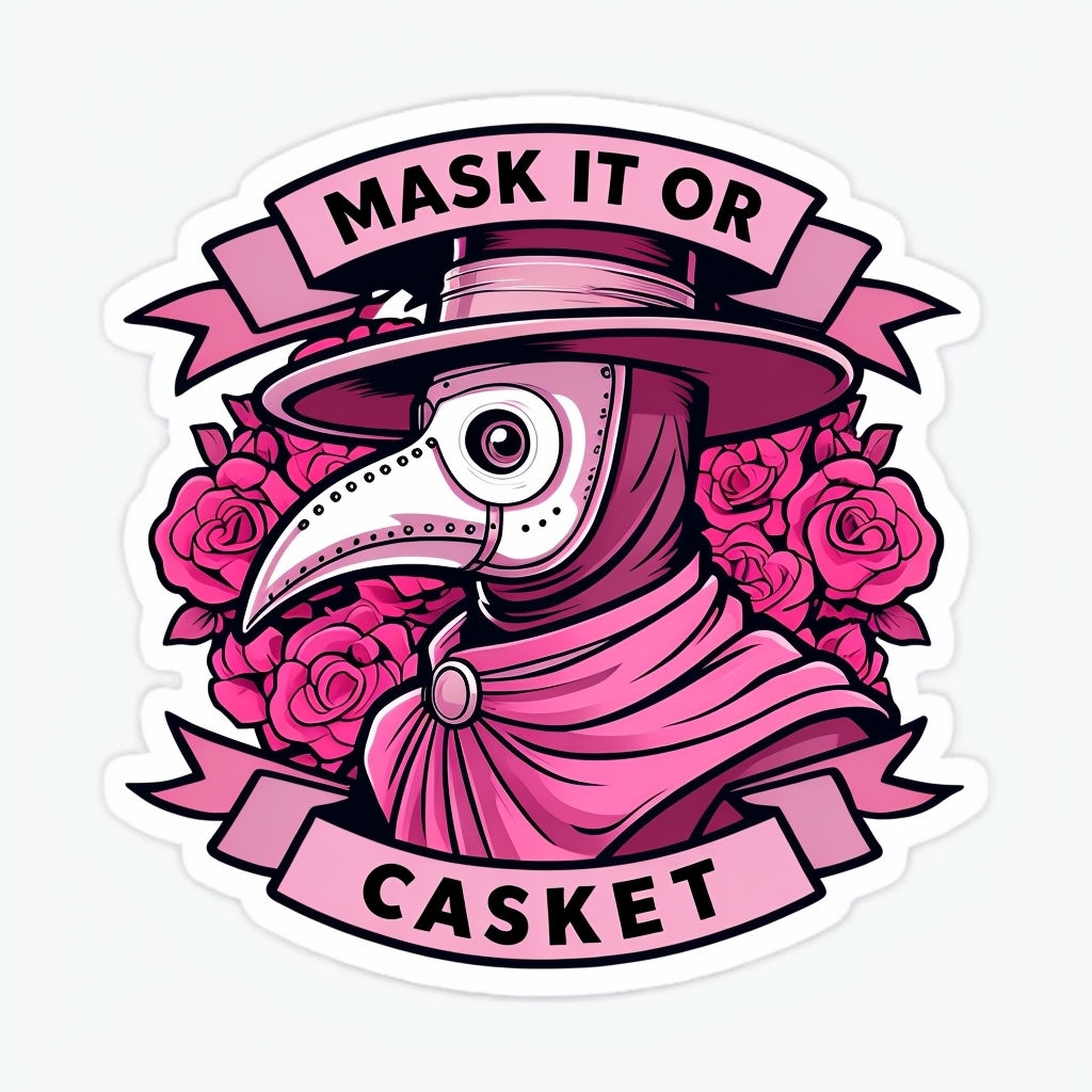 Playful Plague Doctor Emblem with Roses and Ribbons Sticker