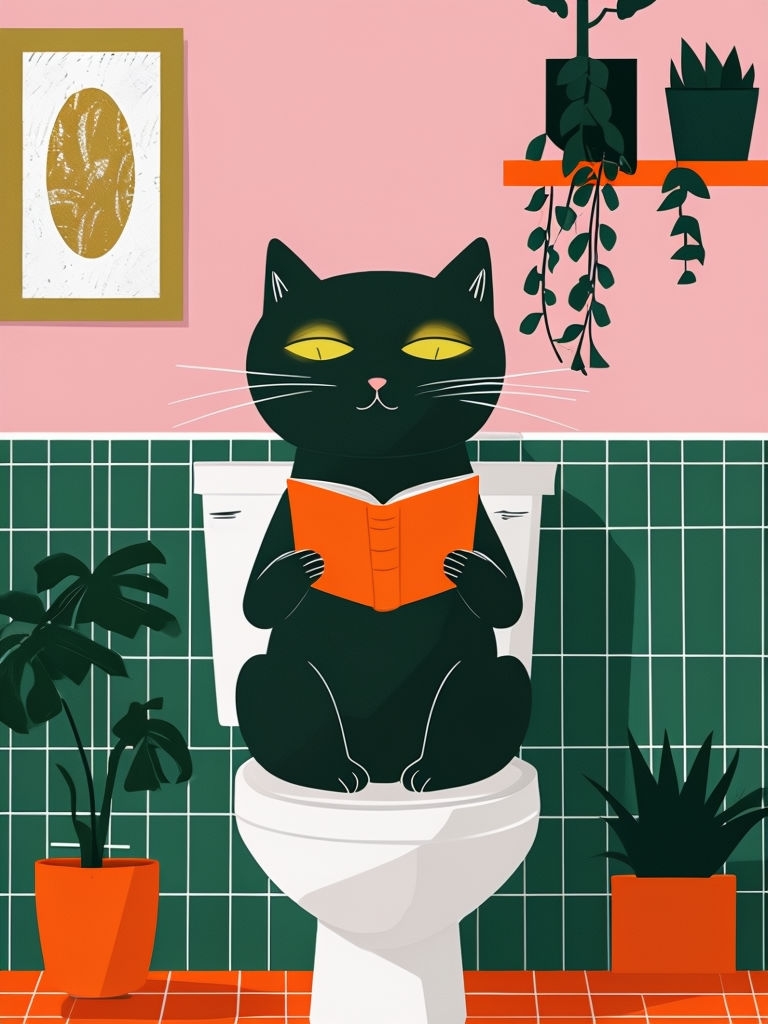 Whimsical Black Cat Reading in a Quirky Bathroom Illustration Art