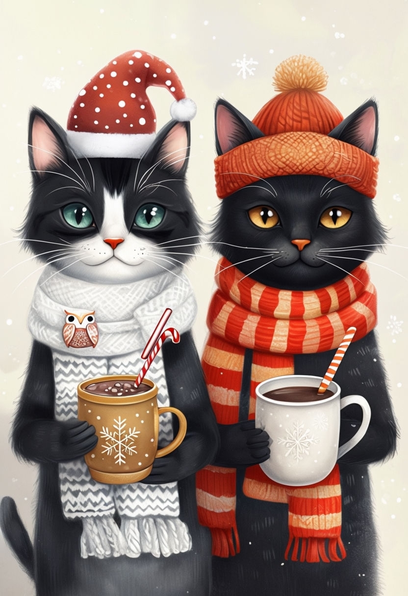 Whimsical Winter Cats in Festive Attire Art for Holiday Cheer - Playground